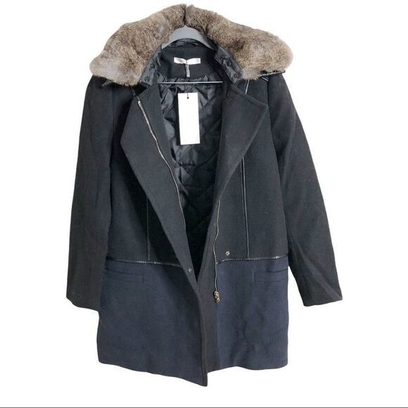 See You Soon Black/Navy Wool Blend Fur Collar Mid-Length Coat New - Picture 3 of 15